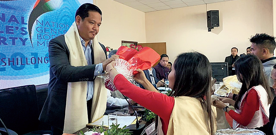 Conrad Sangma being greeted at the meeting in Shillong.