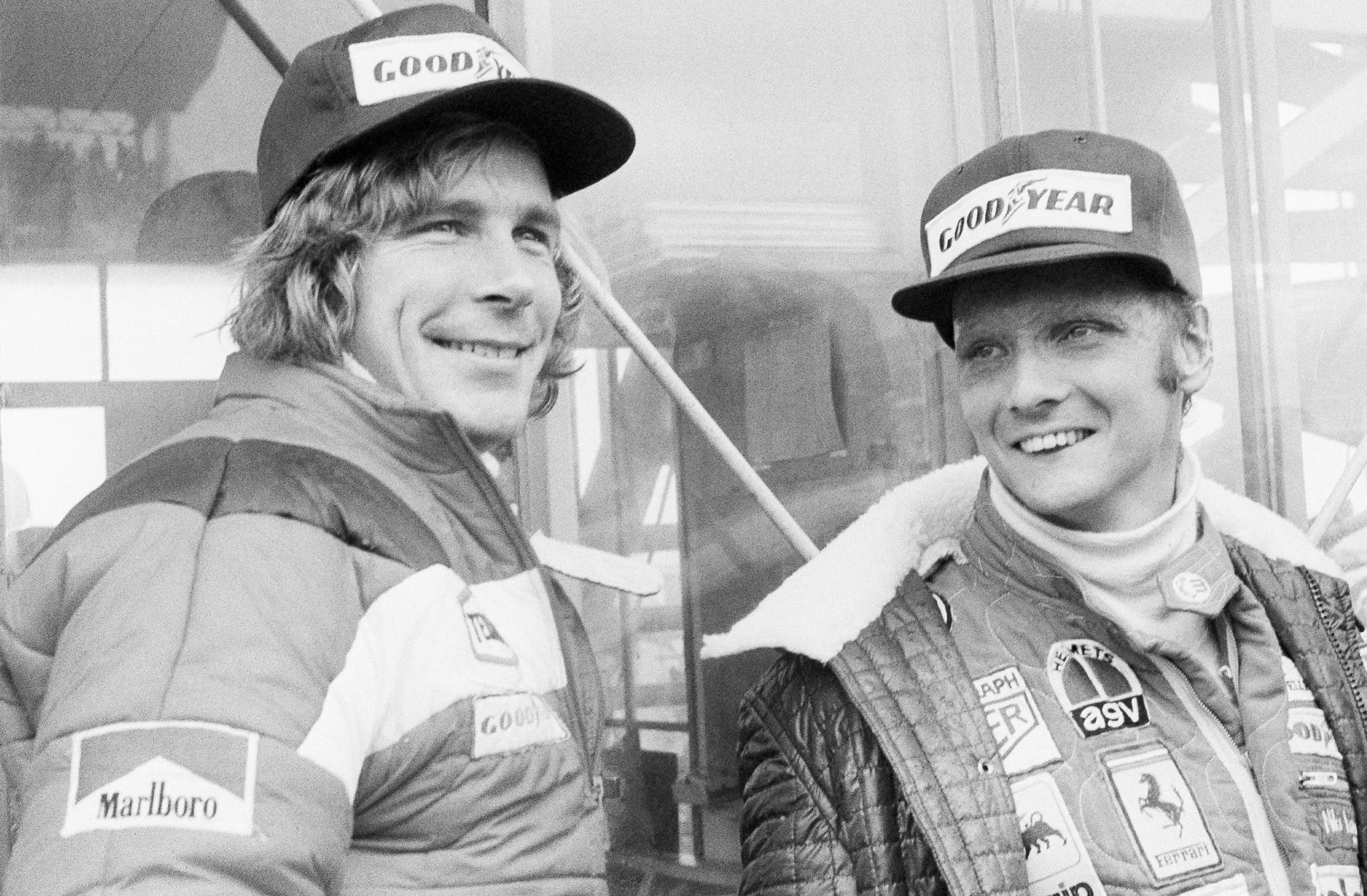 In this October 24, 1976, file photo, Austrian auto racer Niki Lauda (right) defending champion in world driving, and Britain's James Hunt before the start of the Japan Grand Prix Formula One auto race at Fuji International Speedway, Gotemba, Japan.