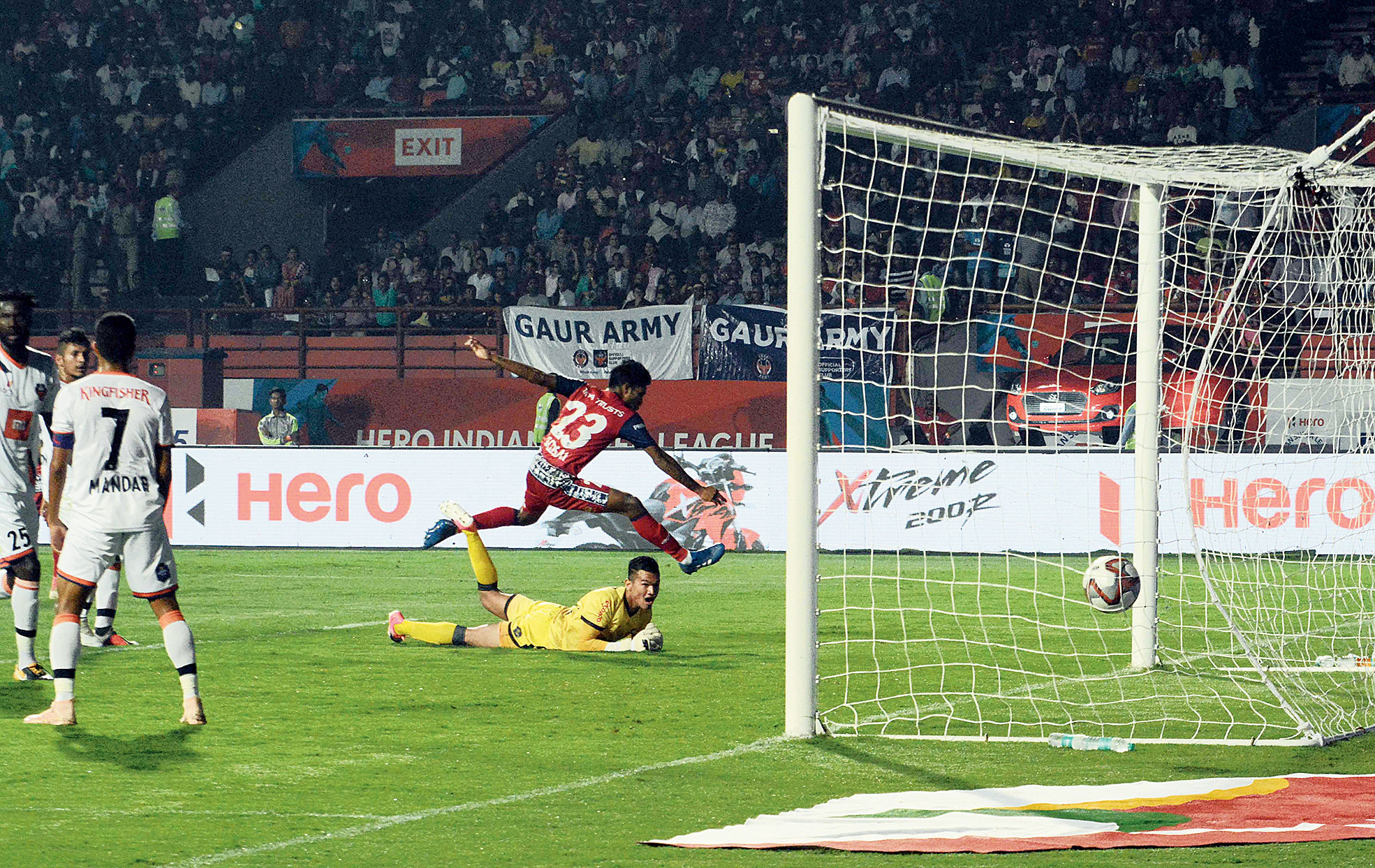 Michael Soosairaj scores his first goal in the match against FC Goa.