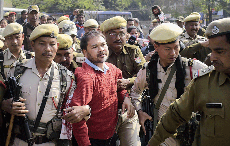 Akhil Gogoi being produced in an NIA court in Guwahati on Friday. 
