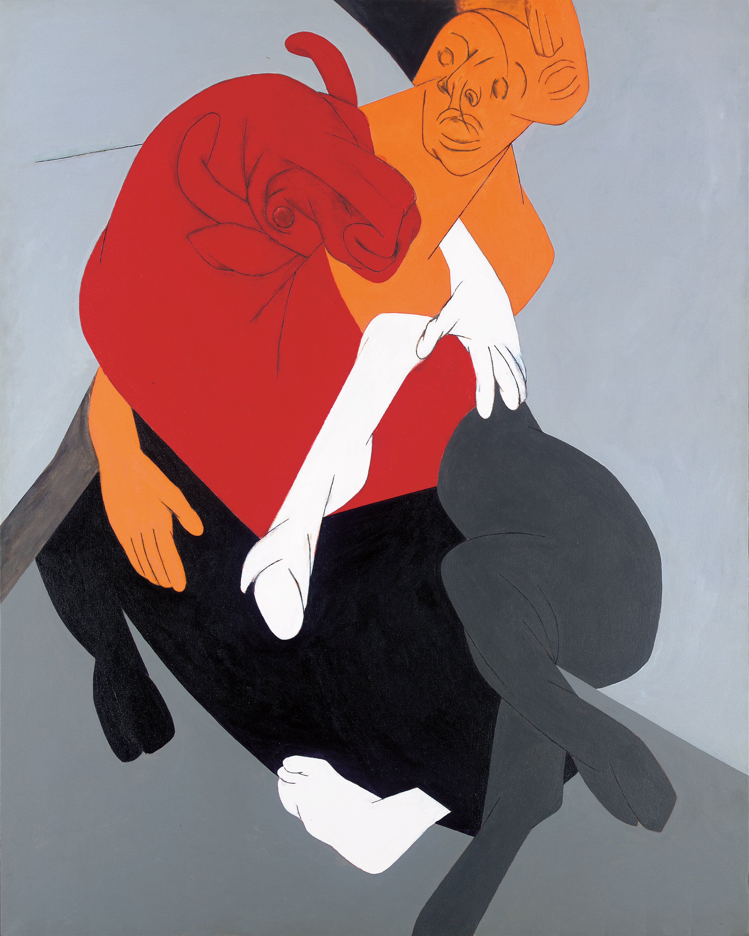 Tyeb Mehta, Mahisasura, 1997, Acrylic on canvas.

Mahisasura is the name of the devious, shape-shifting buffalo-demon who is eventually killed by the Goddess Durga – in her Mahishasuramardini form. In Mehta’s version we see the two locked in mortal combat, but each appears to fold into the other so it is difficult to discern where Durga begins and the demon ends. Good and evil, victor and victim are impossible to prise apart. ZJ
