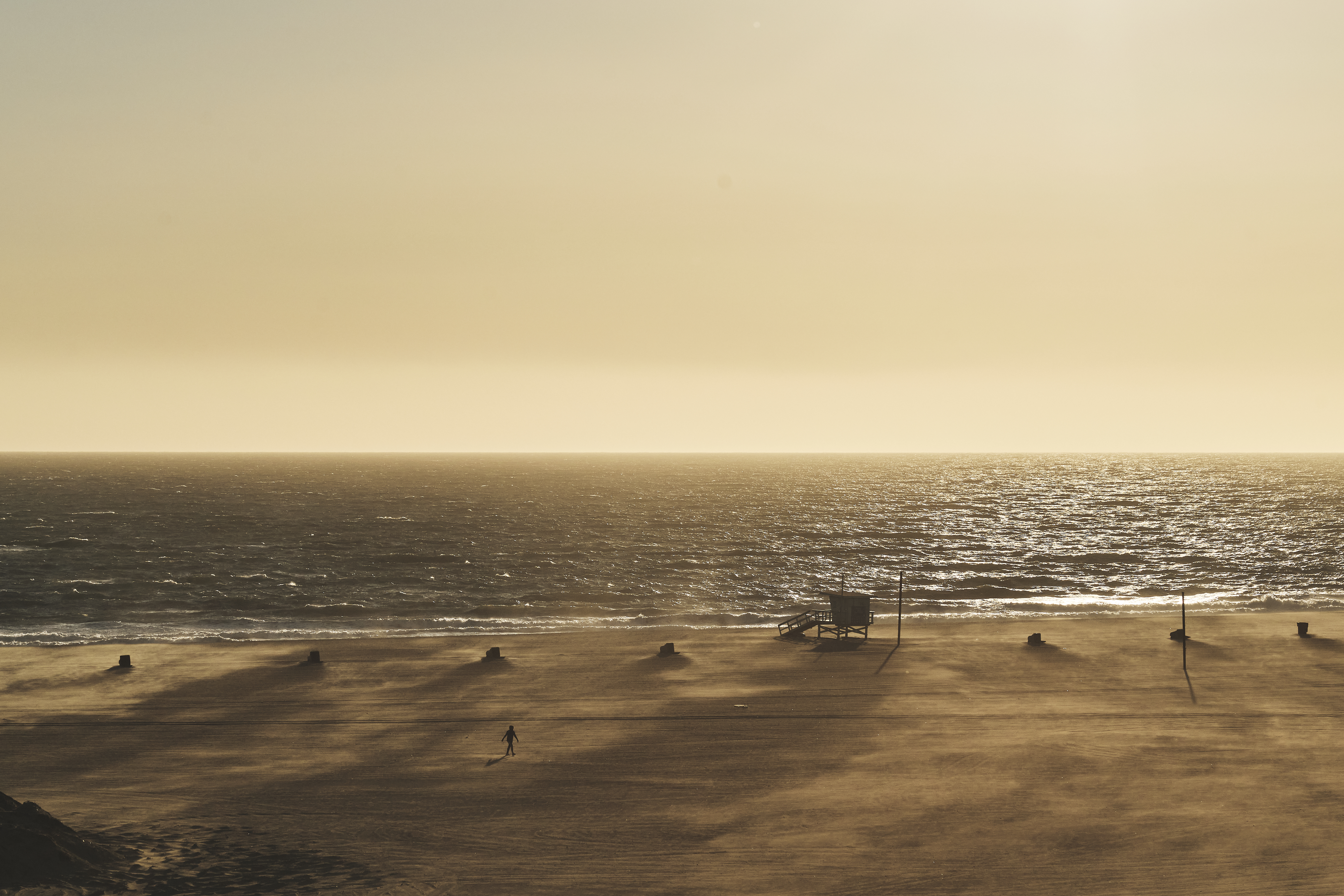 An unchanging ocean, a barely recognizable beach in Santa Monica, Los Angeles, March 18, 2020