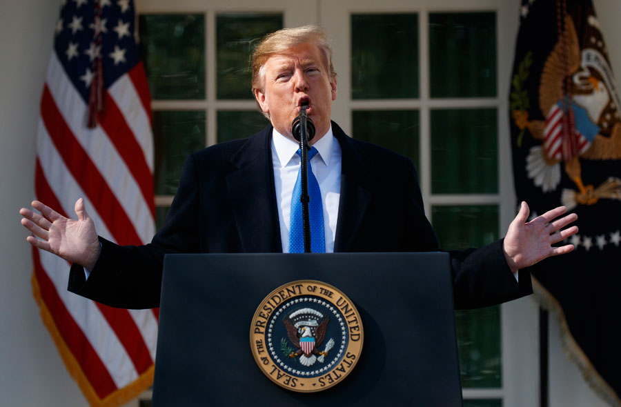Donald Trump speaks in the Rose Garden at the White House in Washington, D.C., to declare a national emergency in order to build the US-Mexico border wall on Friday, February 15