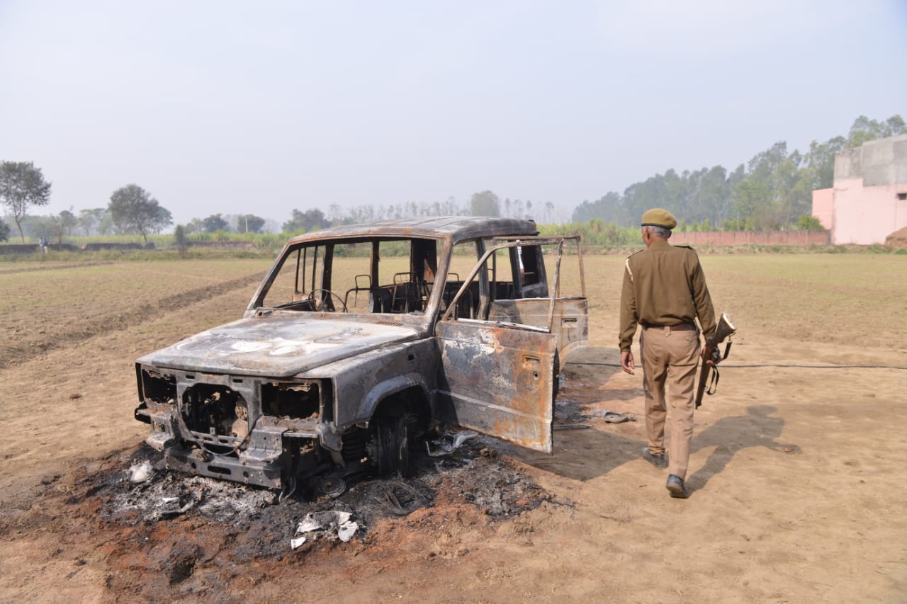 The vehicle that was torched by a mob in Siyana, Bulandshahr, on Tuesday, December 4, 2018.
