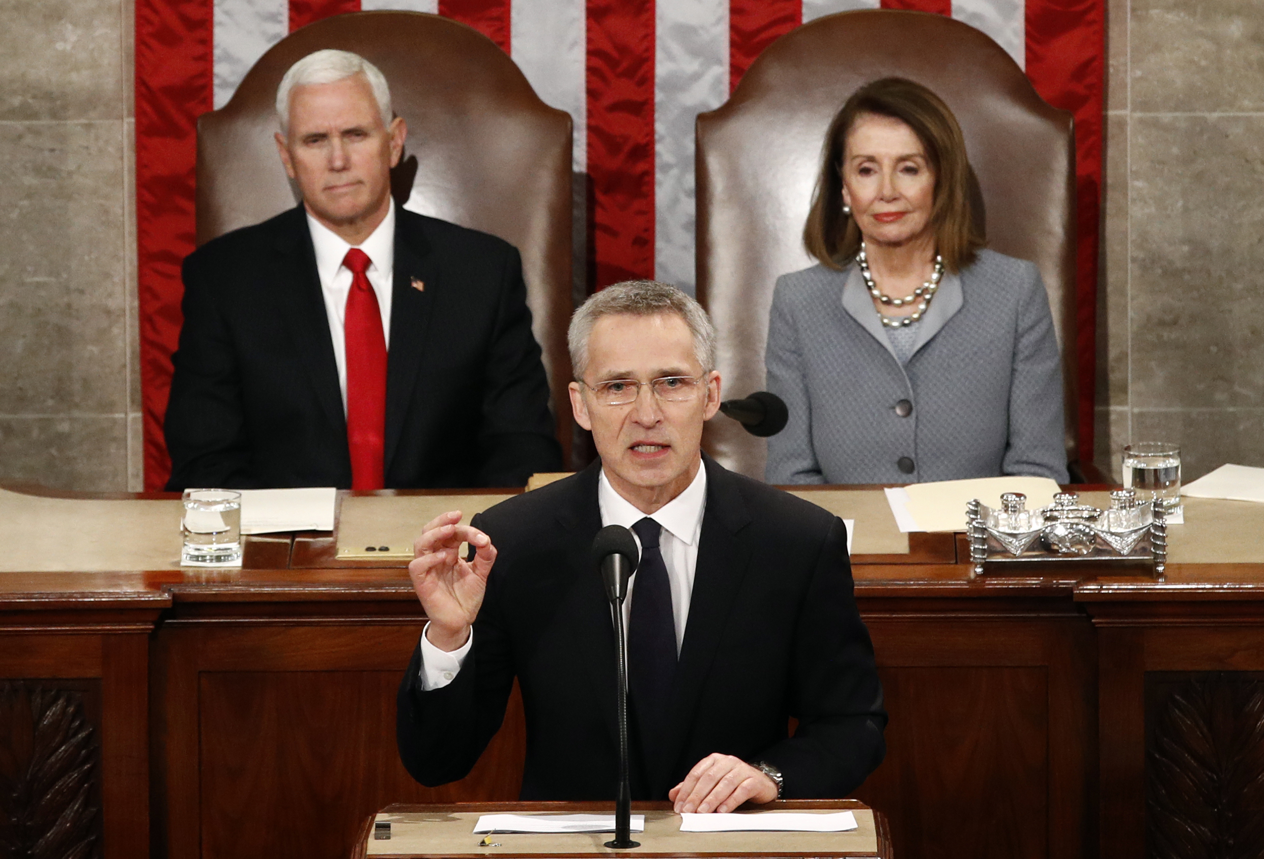 NATO Secretary General Jens Stoltenberg addresses a Joint Meeting of Congress on Capitol Hill in Washington on Wednesday, April 3, 2019.