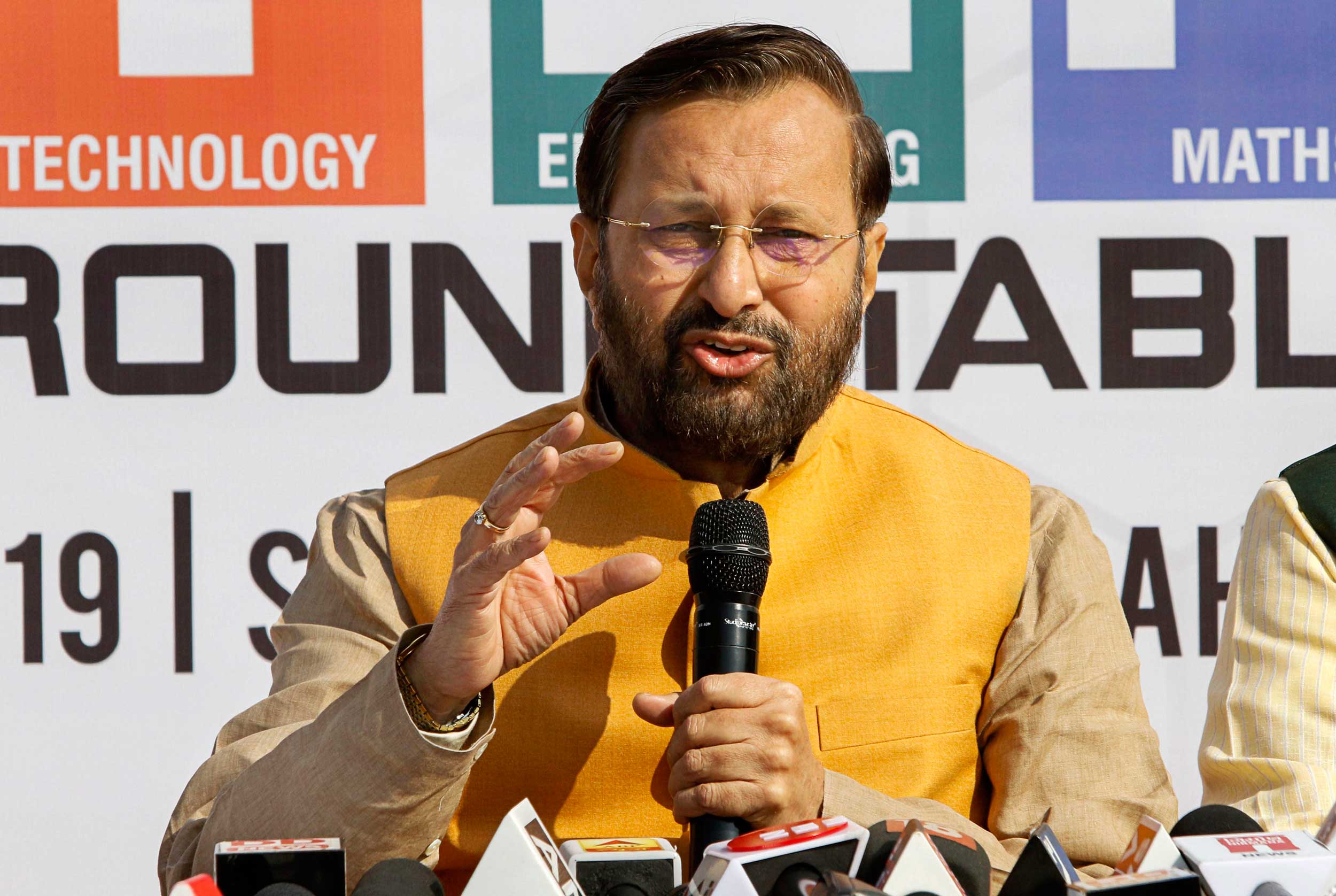 Prakash Javadekar addresses a press conference ahead of the Global Vibrant summit 2019 at Science City in Ahmedabad on Thursday. 