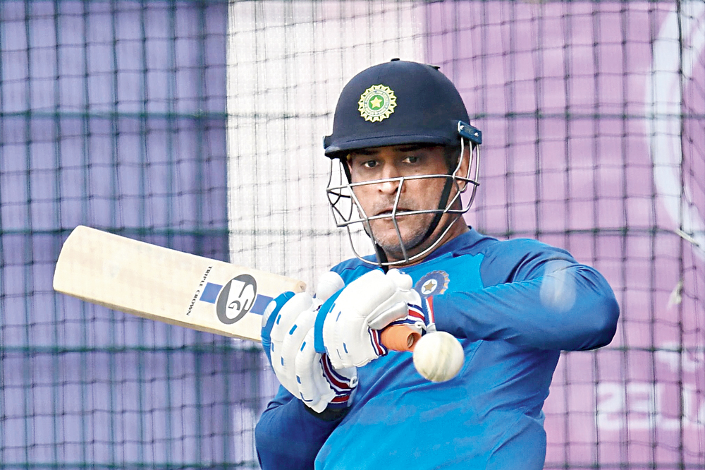 Mahendra Singh Dhoni during the nets at Old Trafford, in Manchester, on Monday.