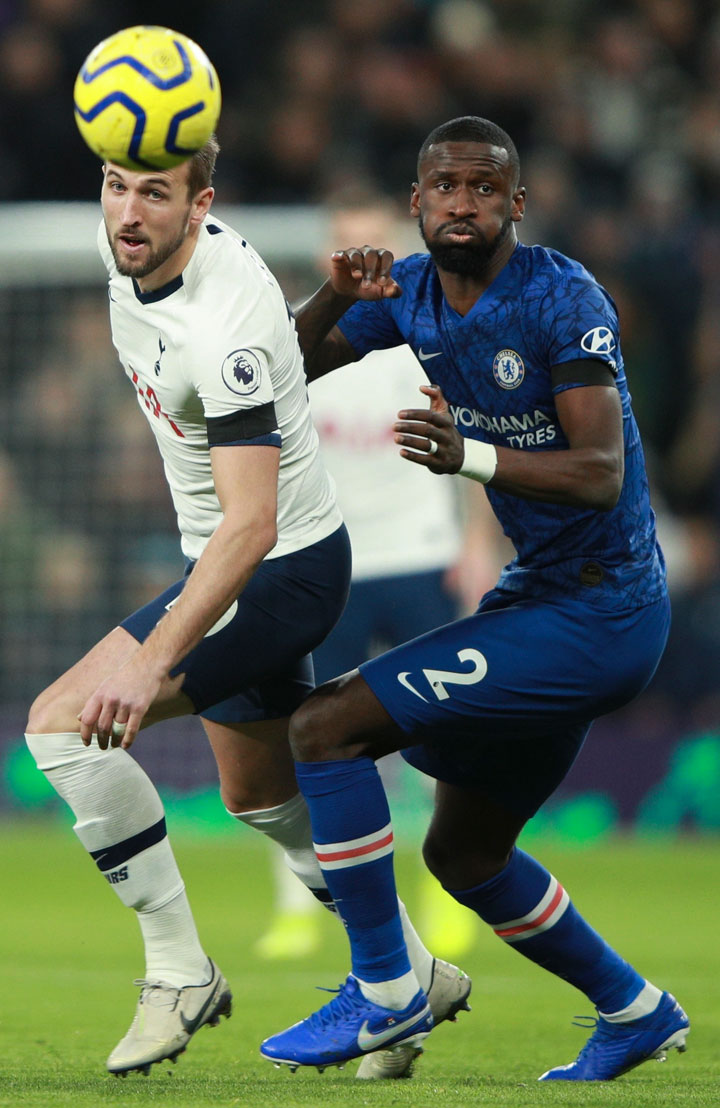 Chelsea’s Rudiger, who was allegedly subject to racist gestures, tussles for the ball with Tottenham's Harry Kane