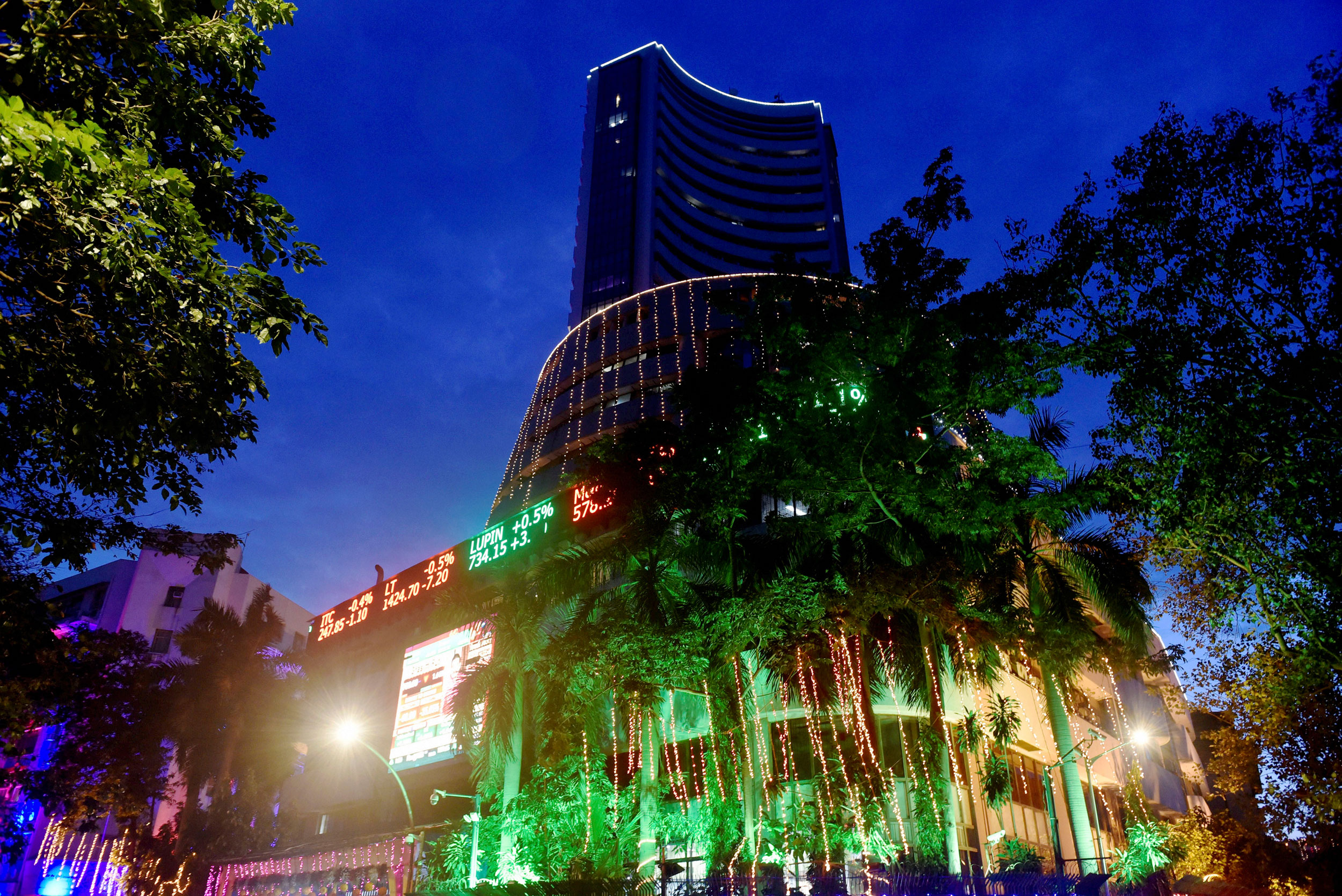 The BSE building during the Diwali muhurat trading session in Mumbai on Sunday.