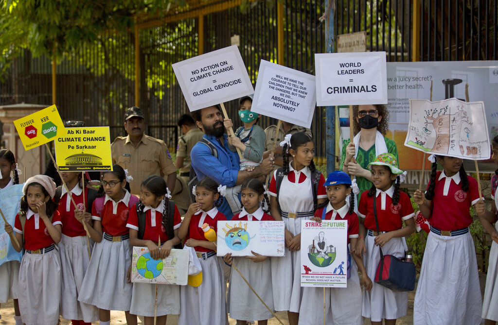 Students in a climate protest in Hyderabad on Friday, March 15. Students in more than 80 countries worldwide skipped class to protest their governments' failure to act against global warming