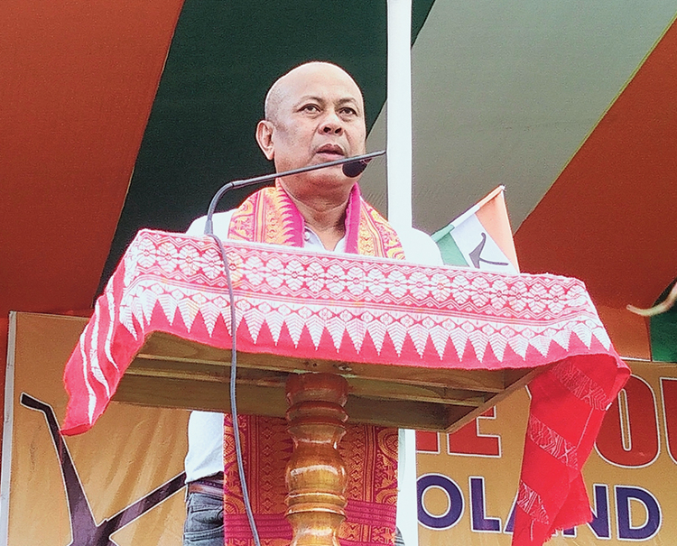Hagrama Mohilary addresses a rally at Ambagaon in Udalguri district on Saturday. 
