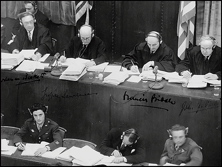 Sakheim (bottom left) spent seven months working as an interpreter at the Nuremberg trials
