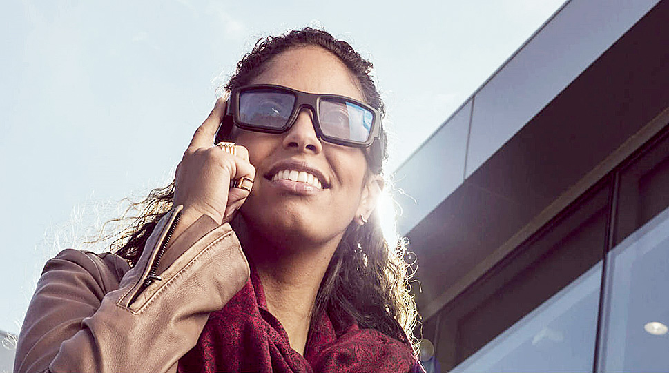 The Vuzix Blade headset is like sunglasses but you can see a projection of information on the inside of the screen.