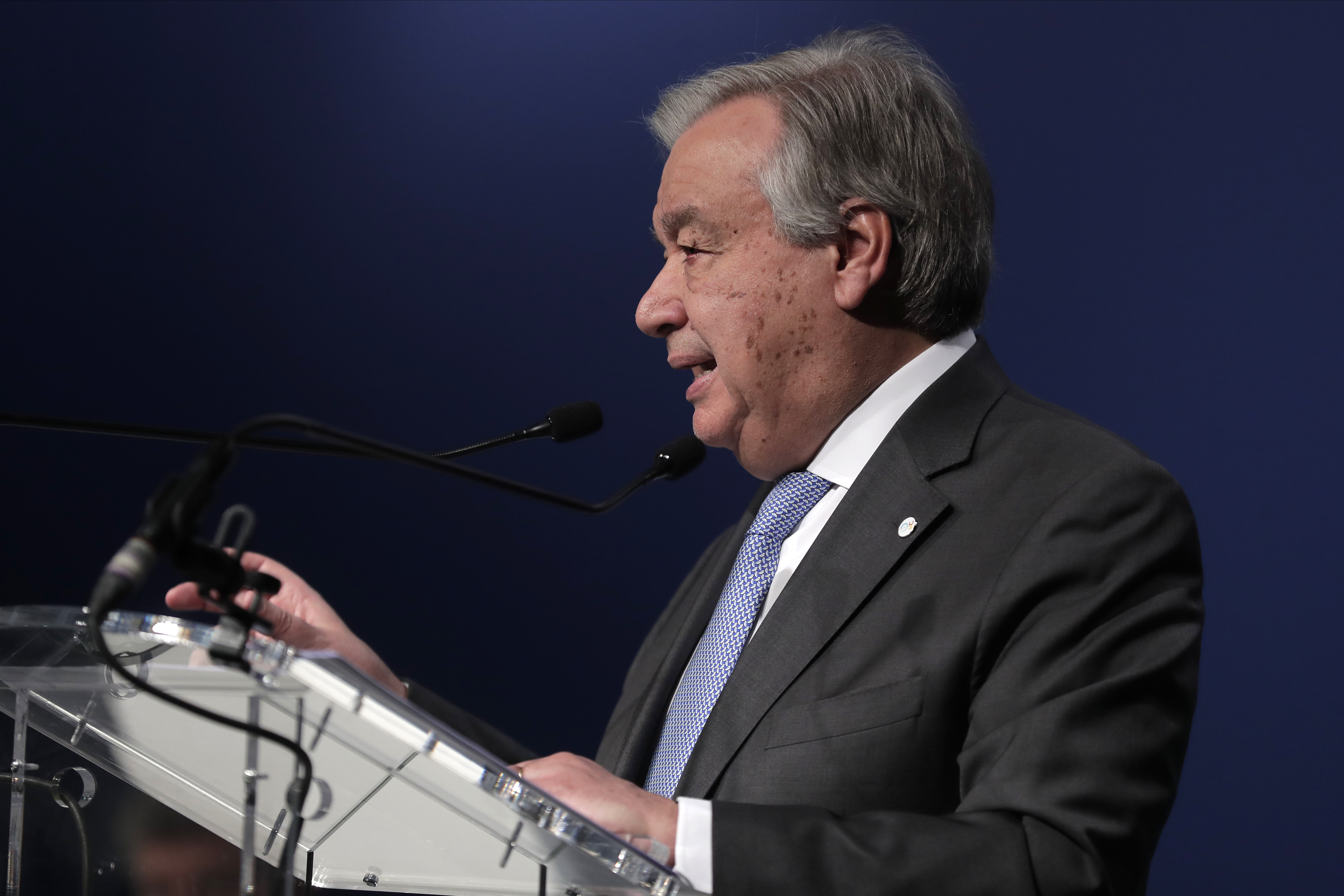 Antonio Guterres, Secretary-General of the United Nations delivers a speech at the COP25 climate talks summit in Madrid, Spain, on December 12, 2019