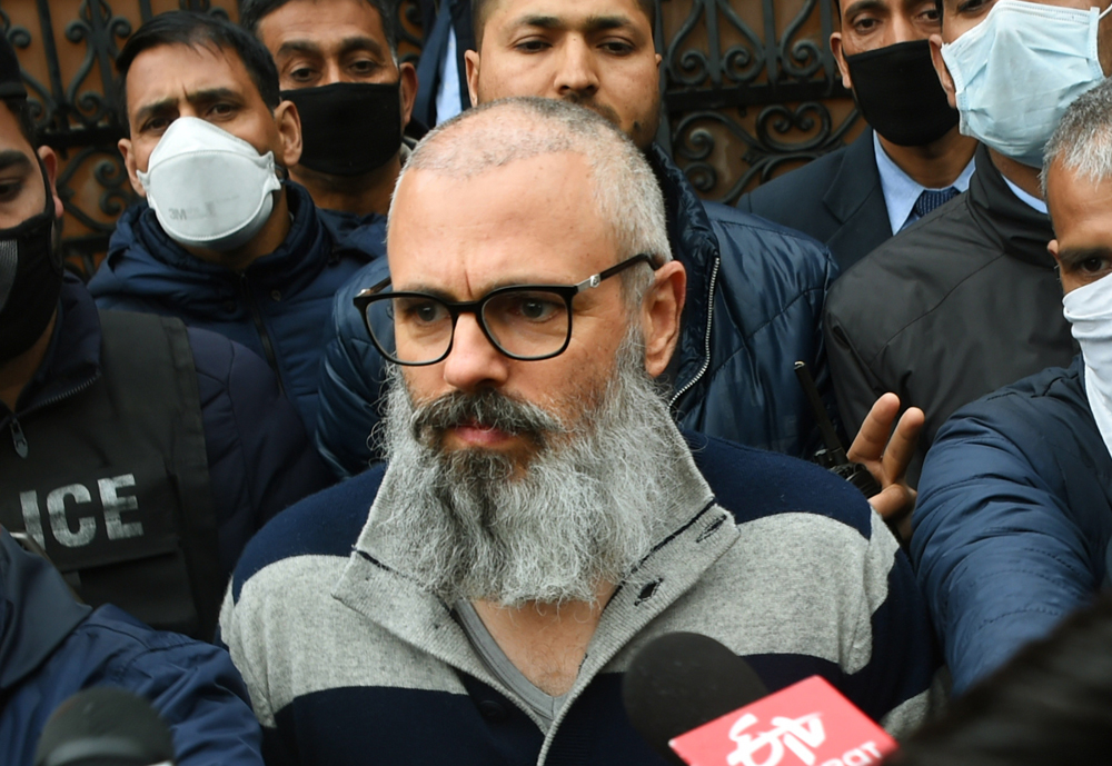 The former chief minister of Jammu and Kashmir, Omar Abdullah, speaks to the media after he was freed from detention on March 24