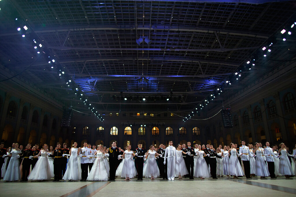 Students of military schools prepare to dance during an annual ball in Moscow on December 17