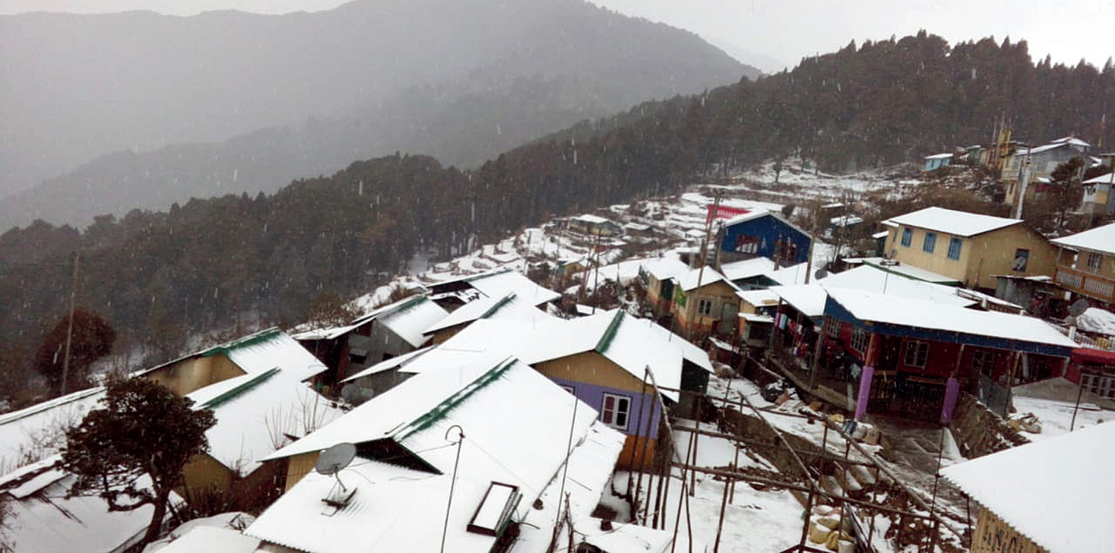 Homes blanketed in snow at Dhotrey, near Darjeeling, on Tuesday.
