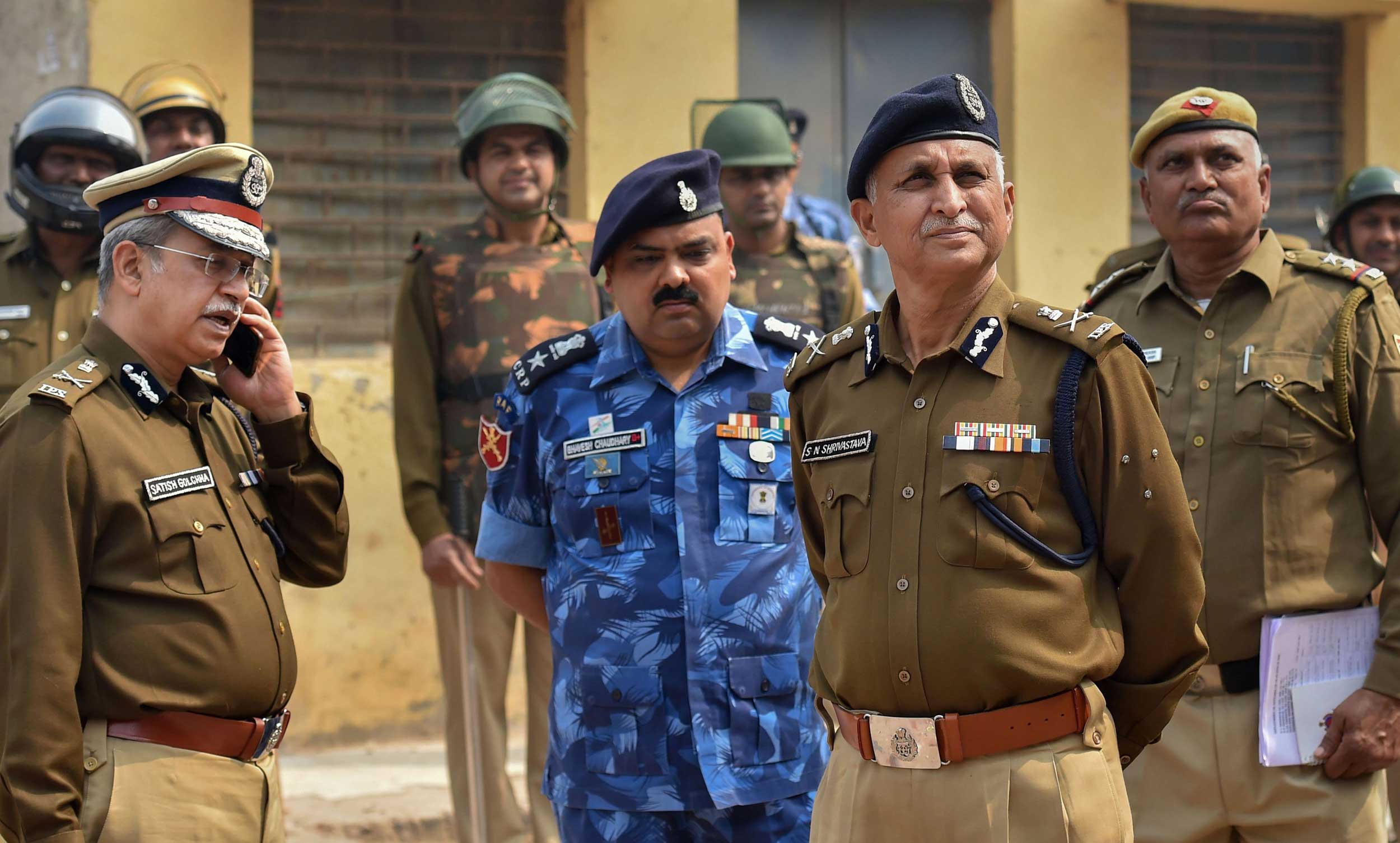 Delhi police commissioner S.N. Srivastava and Delhi police special commissioner (crime) Satish Golcha inspect Johar area of the riot-affected in northeast Delhi on Wednesday.