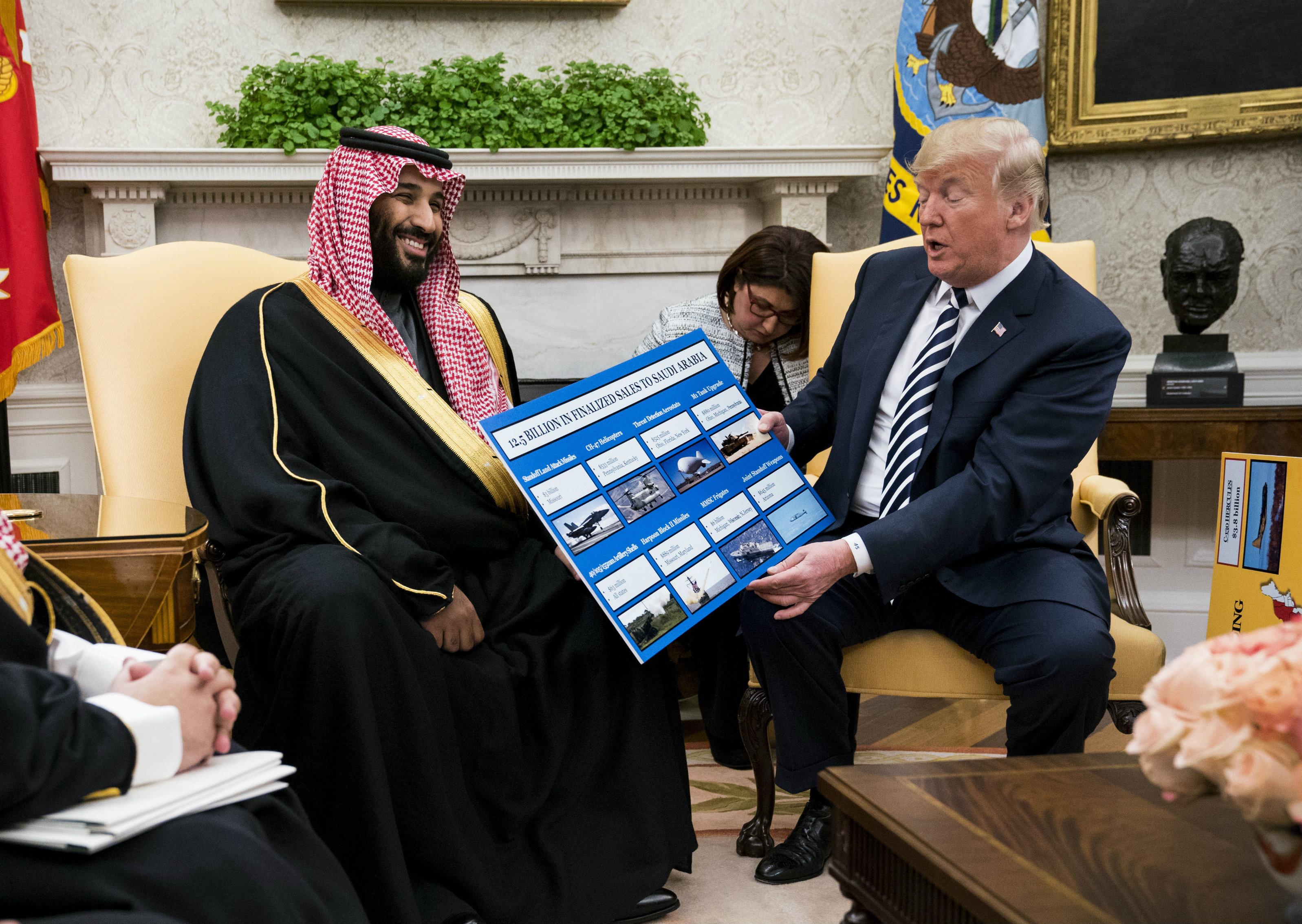 President Donald Trump discusses weapons sales during a meeting with Crown Prince Mohammed bin Salman of Saudi Arabia in Washington on March 20, 2018. 
