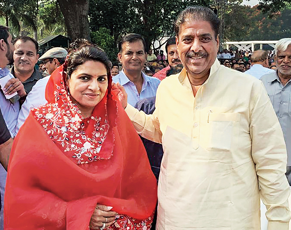 Dushyant Chautala’s father Ajay Chautala and mother Naina Singh Chautala, an MLA, arrive in Chandigarh to attend their son’s swearing-in as deputy chief minister of Haryana on Sunday. 