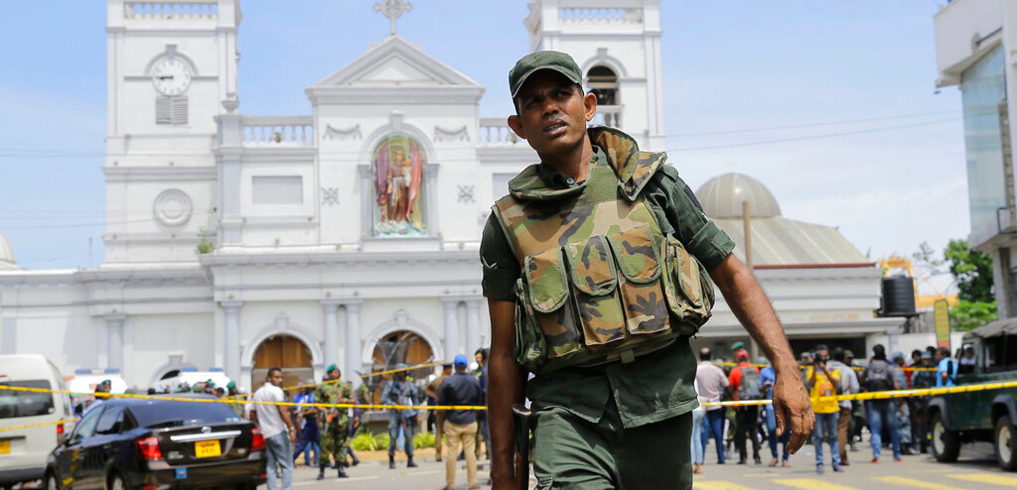 Sri Lankan Army soldiers secure the area around St. Anthony's Shrine after a blast in Colombo, Sri Lanka, Sunday, April 21, 2019