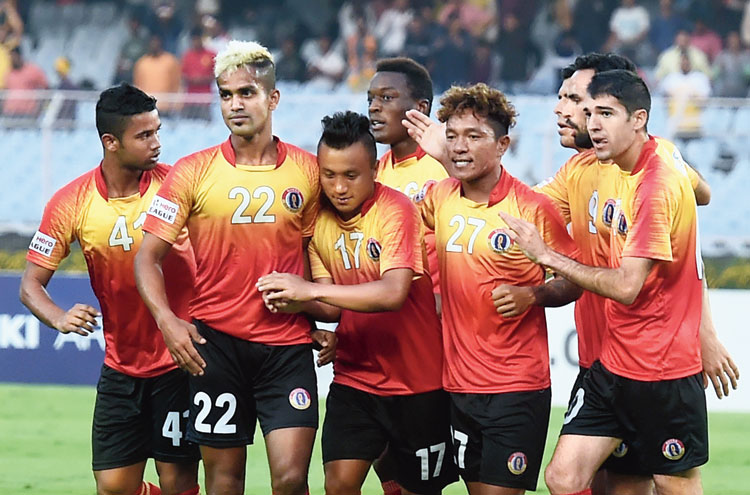 Quess East Bengal players celebrate at the Salt Lake Stadium on Thursday