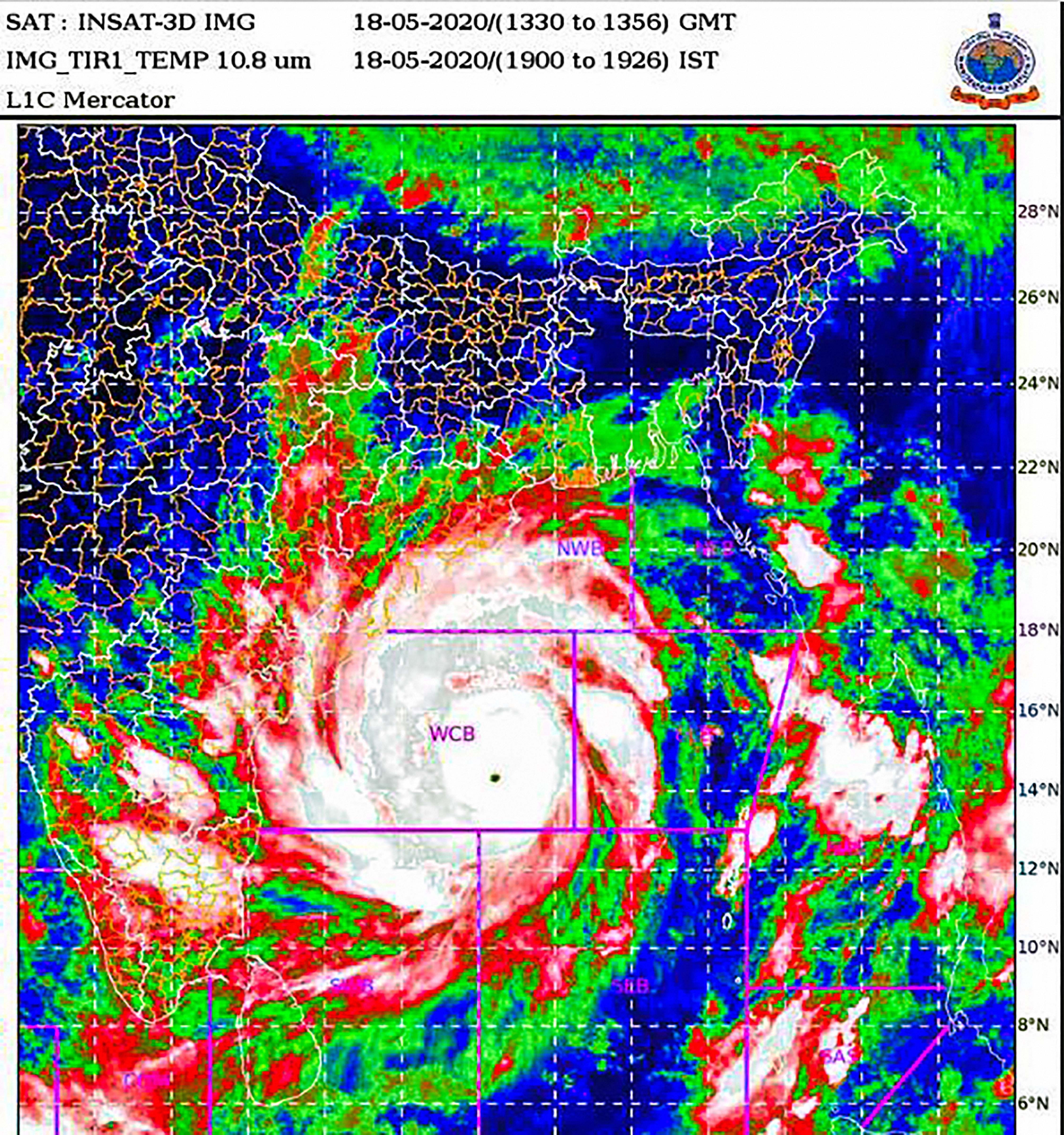 Super Cyclone Amphan over west-central Bay of Bengal, lay centered at 1730 hrs IST of today, over west-central Bay of Bengal near latitude 14.0°N and longitude 86.3 °E, about 700 km nearly south of Paradip (Odisha).