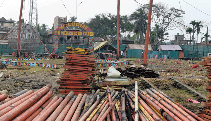 Gutted: Equipment of a circus lay scattered after a fire ravaged its tent in Howrah’s Domjur, around 15km from the heart of the city, early on Monday. 