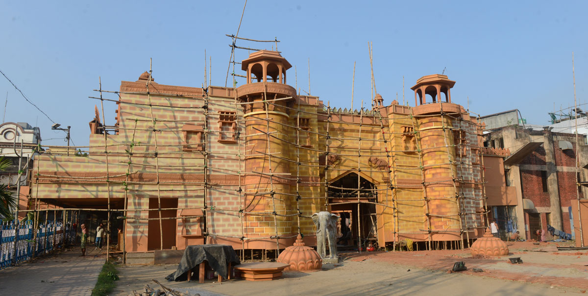 The pandal under construction at Md Ali Park on Saturday