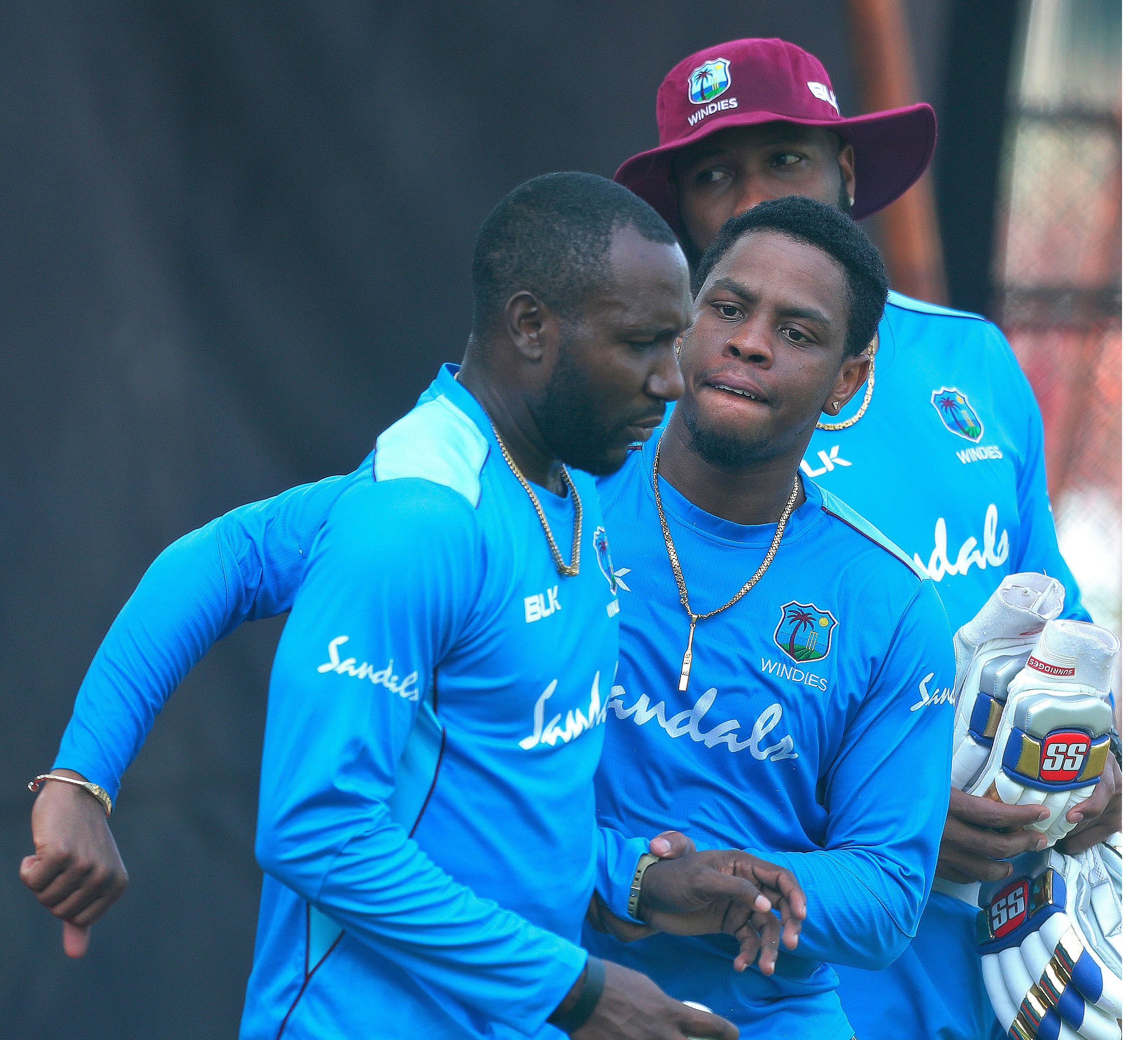 Shimron Hetmyer (right) and Kesrick Williams (left) attend a training session ahead of their first Twenty20 cricket match against India, in Hyderabad, on December 5, 2019.