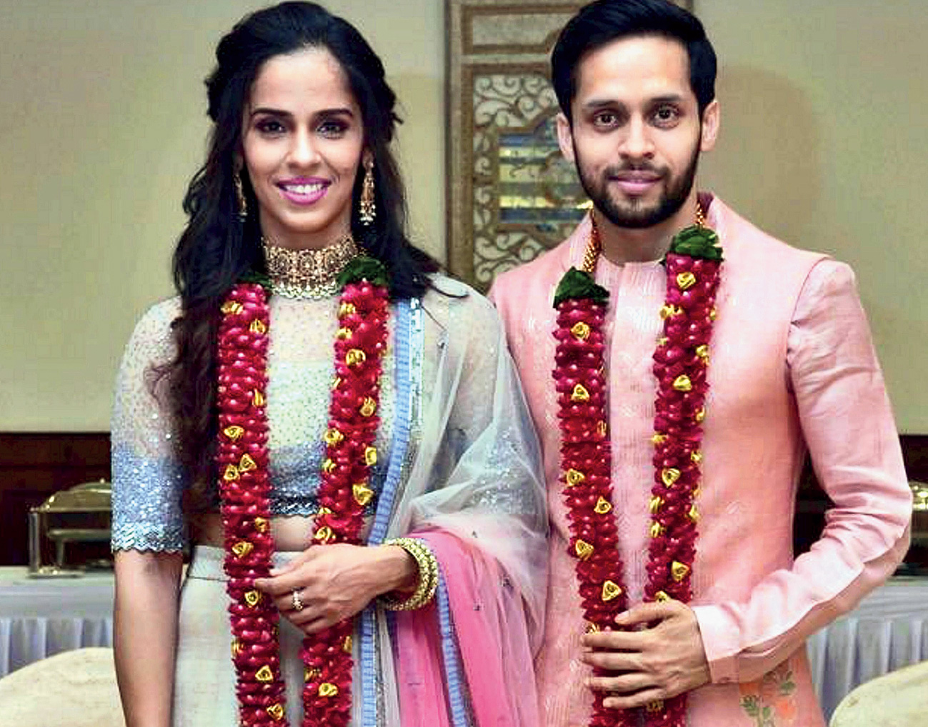 Just married: Saina Nehwal and Parupalli Kashyap after their wedding in Hyderabad on Friday. 
