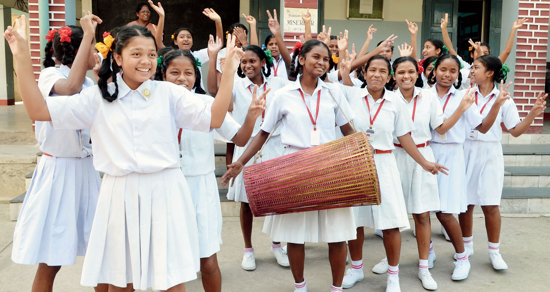 Class X students of Ursuline Convent Girls High School in Ranchi play the mandar after JAC matriculation results were declared on Thursday. 