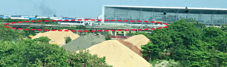 The viaduct (marked in red) in front of the new terminal building of the airport.