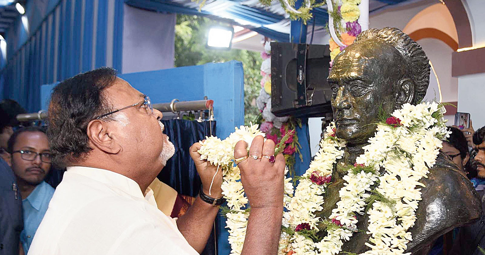 Education minister Partha Chatterjee garlands a bust of Vidyasagar at Badurbagan on Thursday. 