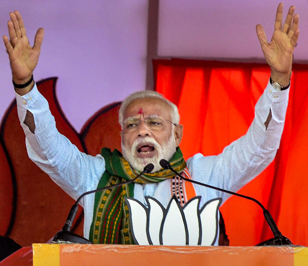 Prime Minister Narendra Modi addresses a rally ahead of the Lok Sabha polls in Udaipur, Tripura, on Sunday