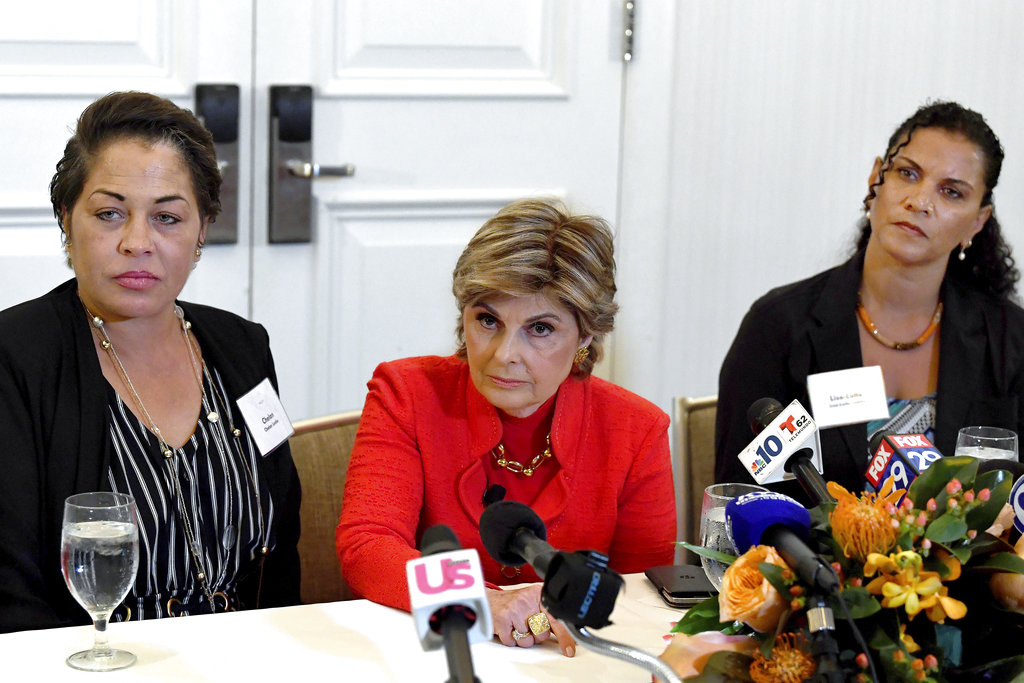 Attorney Gloria Allred (centre) with her clients, Bill Cosby accusers Chelan Lasha (left) and Lise-Lotte Lublin, takes questions from reporters at the Le Meridien Hotel in Philadelphia on Sunday.