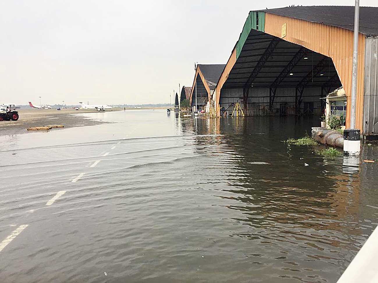 A waterlogged hangar at the airport.