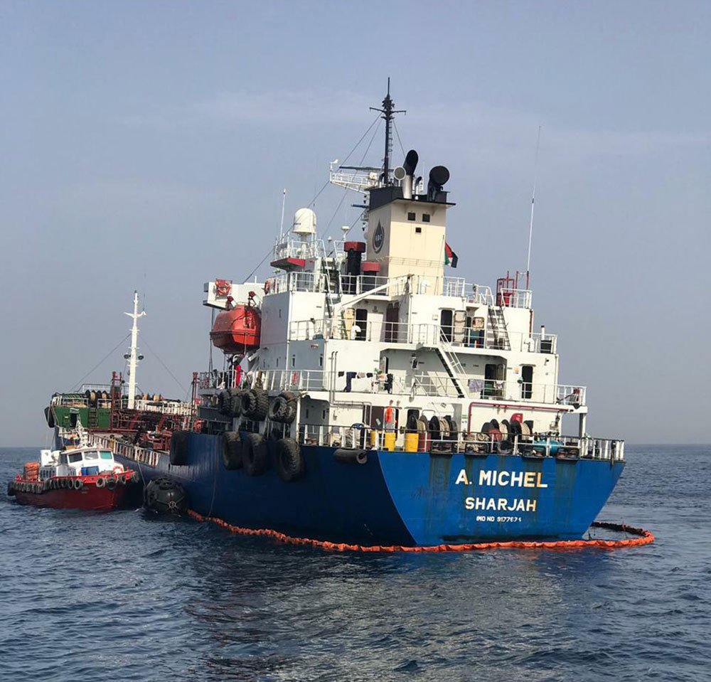 The Emirati-flagged bunkering tanker A. Michel off the coast of Fujairah, United Arab Emirates, Monday, May 13, 2019