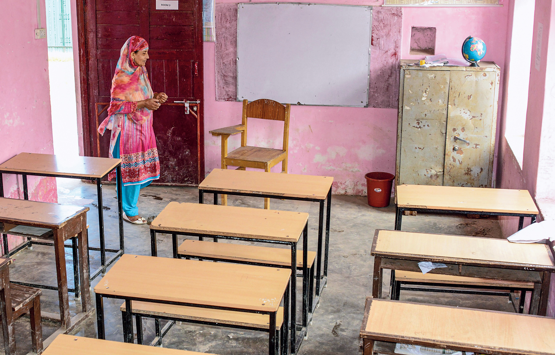 A classroom in a government primary school in Srinagar on Monday. 