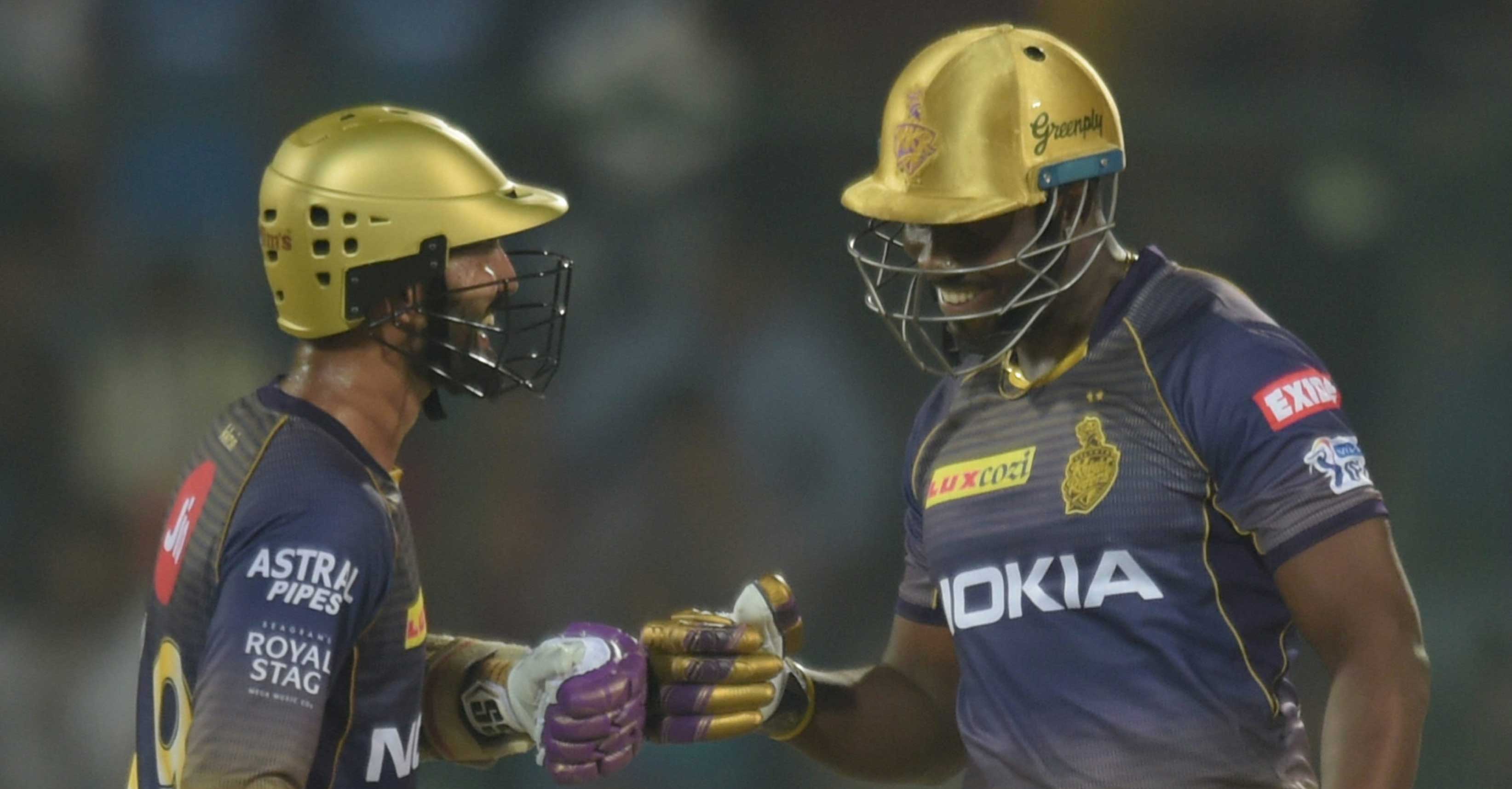 KKR captain Dinesh Karthik and Andre Russell during their 95-run partnership for the sixth wicket on Saturday. Their effort, however, went in vain as Delhi Capitals won via the Super Over