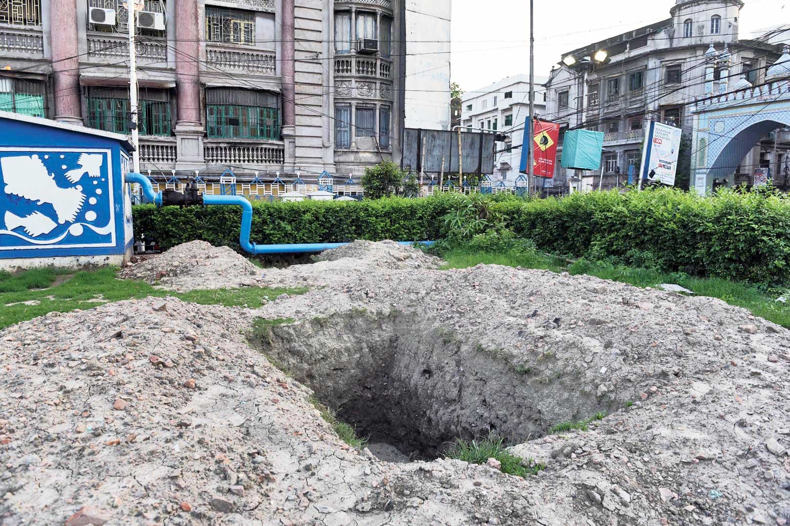 A trench that’s been dug to open an air vent of the underground reservoir at Mohammad Ali Park. 

