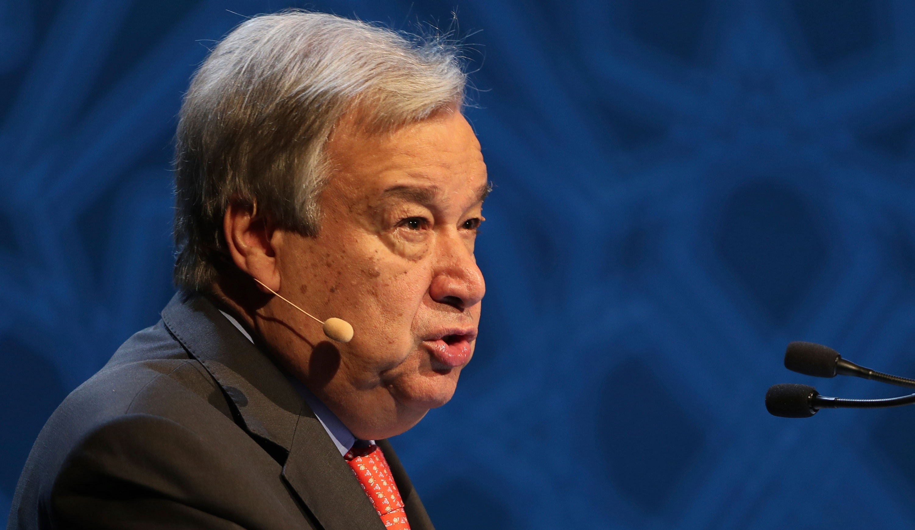 UN secretary-general Antonio Guterres talks to the audience at the opening ceremony of the United Nations climate change summit in Abu Dhabi, on June 30, 2019. 