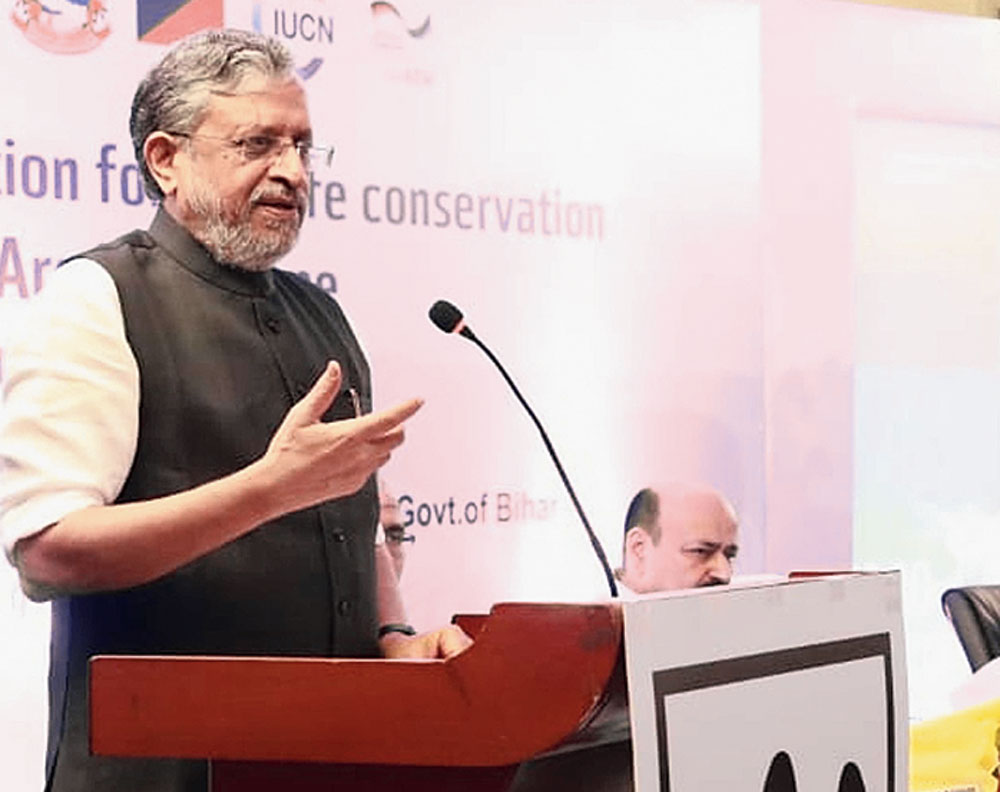 Sushil Kumar Modi speaks at a trans-border wildlife seminar in Patna on Tuesday