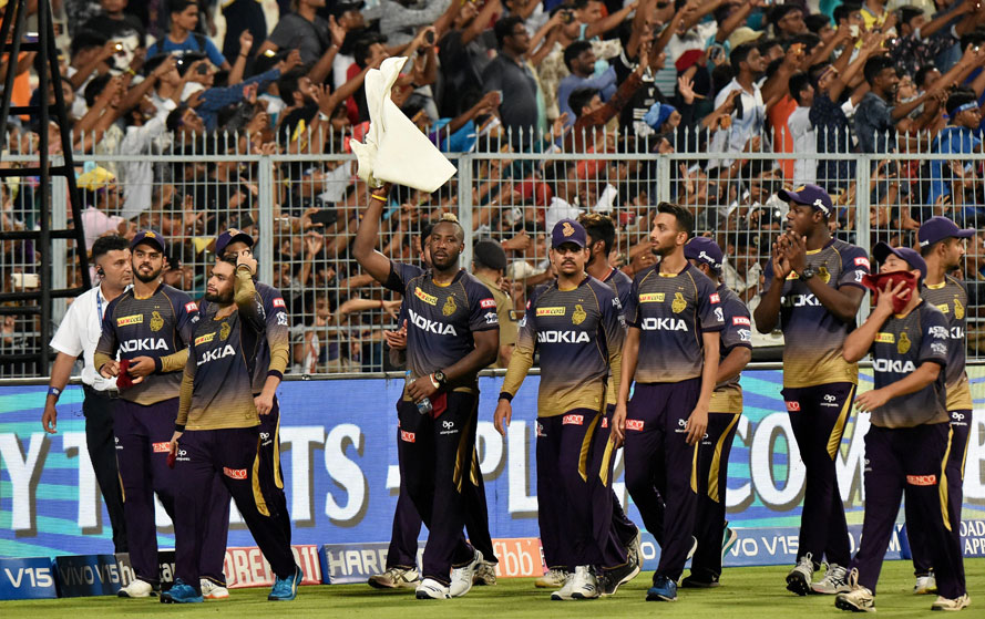 Kolkata Knight Riders players celebrate their win in the Indian Premier League 2019 cricket match between Mumbai Indians and Kolkata Knight Riders at Eden Garden in Kolkata on Sunday.