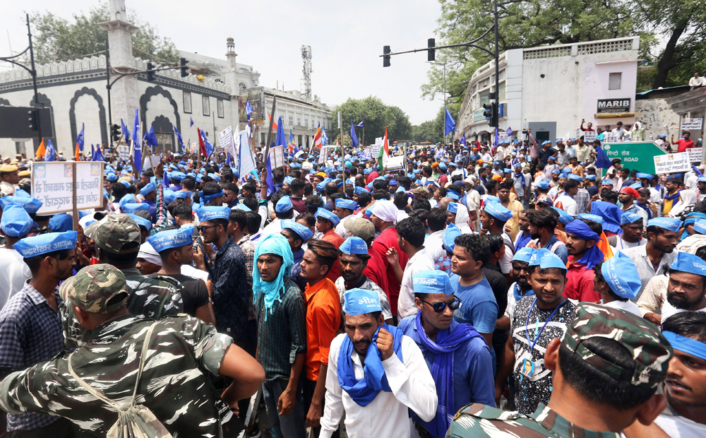 Bhim Army members protest against the demolition of the Ravidas Mandir in Tughlakabad, New Delhi, by the orders of the Supreme Court, on Wednesday, August 21, 2019