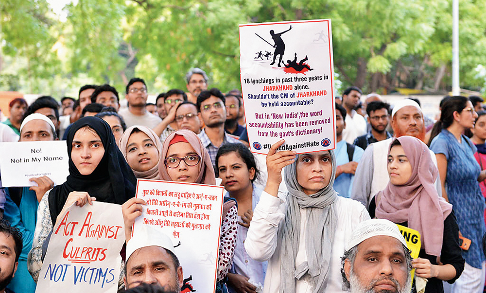 A march is taken out in New Delhi on June 26, 2019, to protest the alleged lynching of Tabrez Ansari 