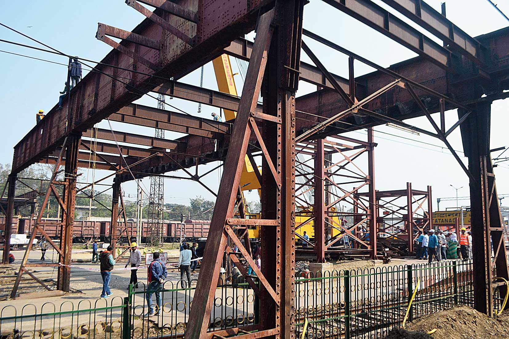 Dismantling work of the rail overbridge in progress at Tatanagar station on Sunday. 
