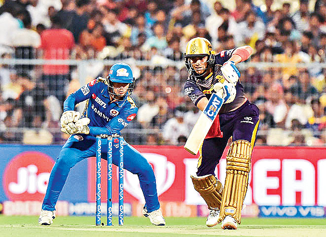 Shubman Gill plays a shot during the Indian Premier League cricket match between Mumbai Indians and Kolkata Knight Riders at Eden Gardens in Calcutta on April 28,2019