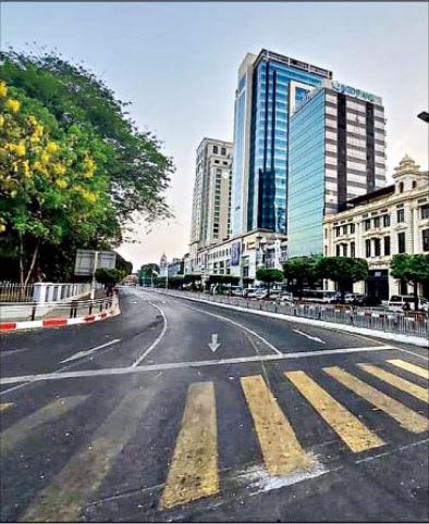 A deserted street in Yangon during the partial lockdown in Myanmar, clicked by Captain Tun’s son Thukha Zawwintun