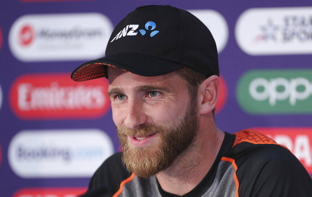 New Zealand's captain Kane Williamson speaks during a press conference after attending a training session ahead of the Cricket World Cup final match against England at Lord's cricket ground in London, England, Saturday, July 13, 2019.